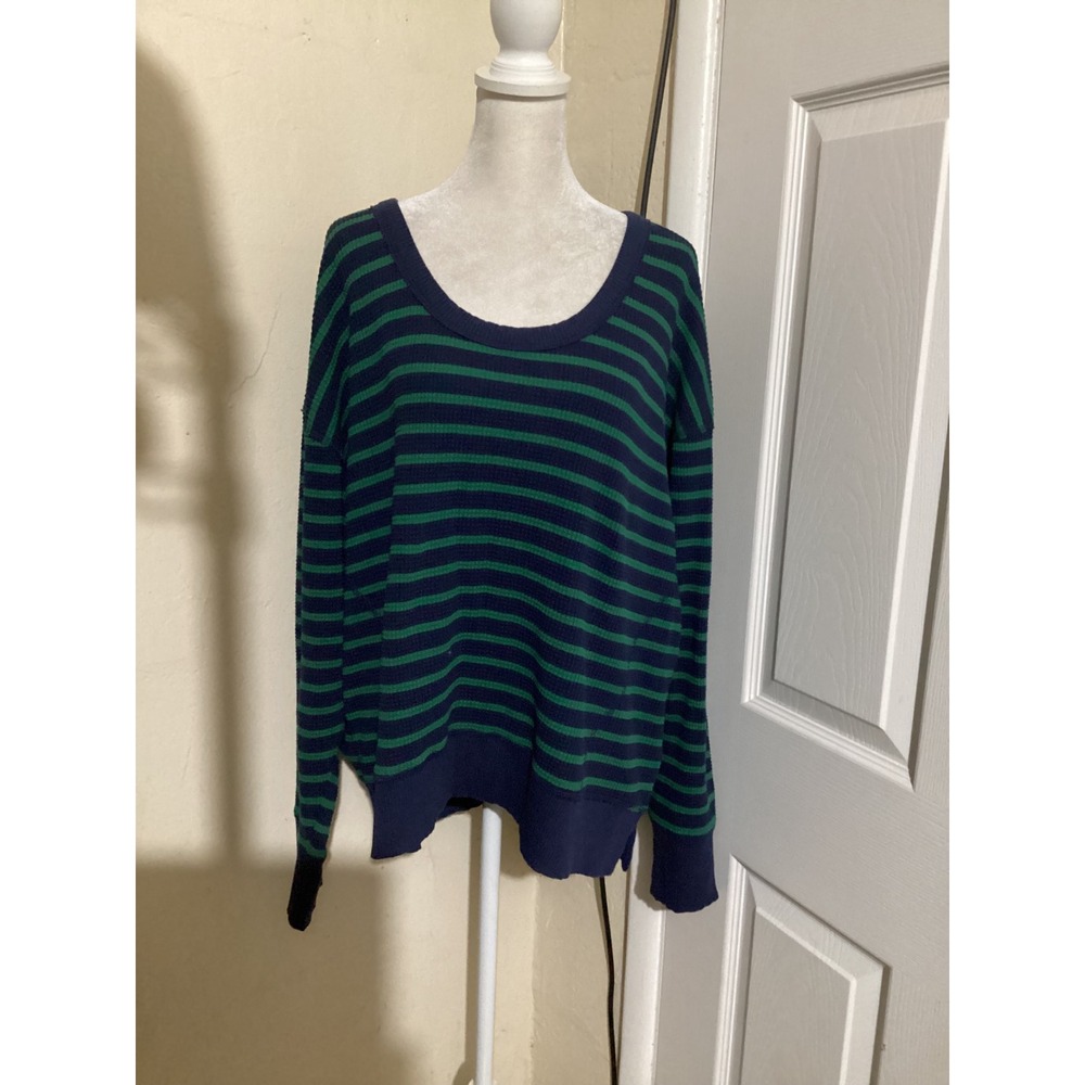 OFFLINE by Aerie Womens Waffle Knit Striped Oversized Top Navy Green Medium